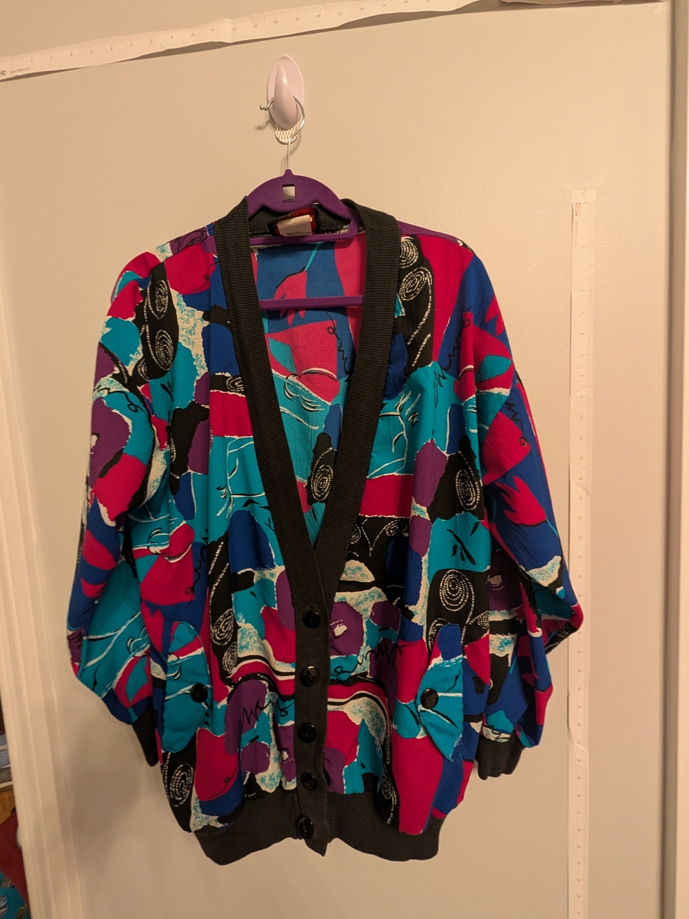 Colorblock Abstract Knit Cardigan - Teal, Magenta & Black Grandmacorevintage80s